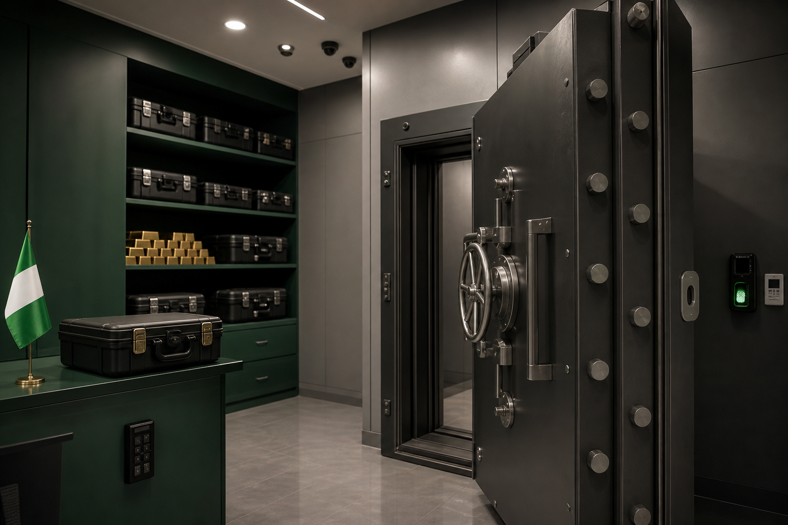 Modern high-security vault interior with secure storage for gold and laptops — professional asset protection in a Nigerian facility.
