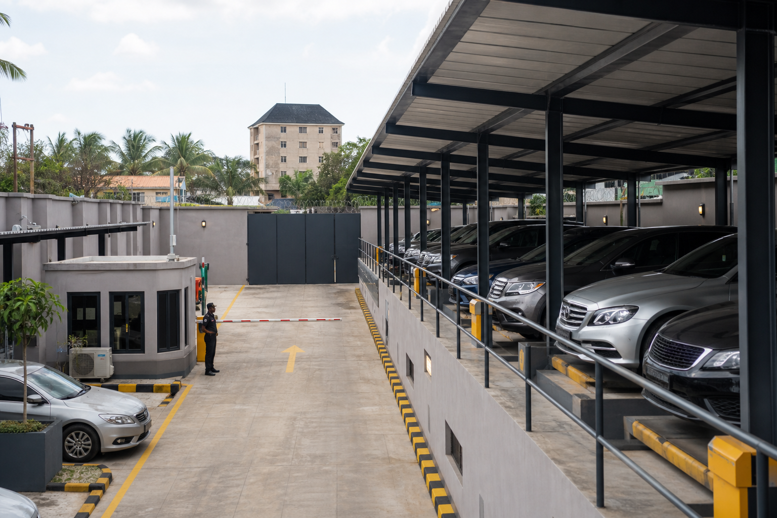 Clean, organized, well-lit secure vehicle storage facility in Nigeria — protected custody for car collateral.