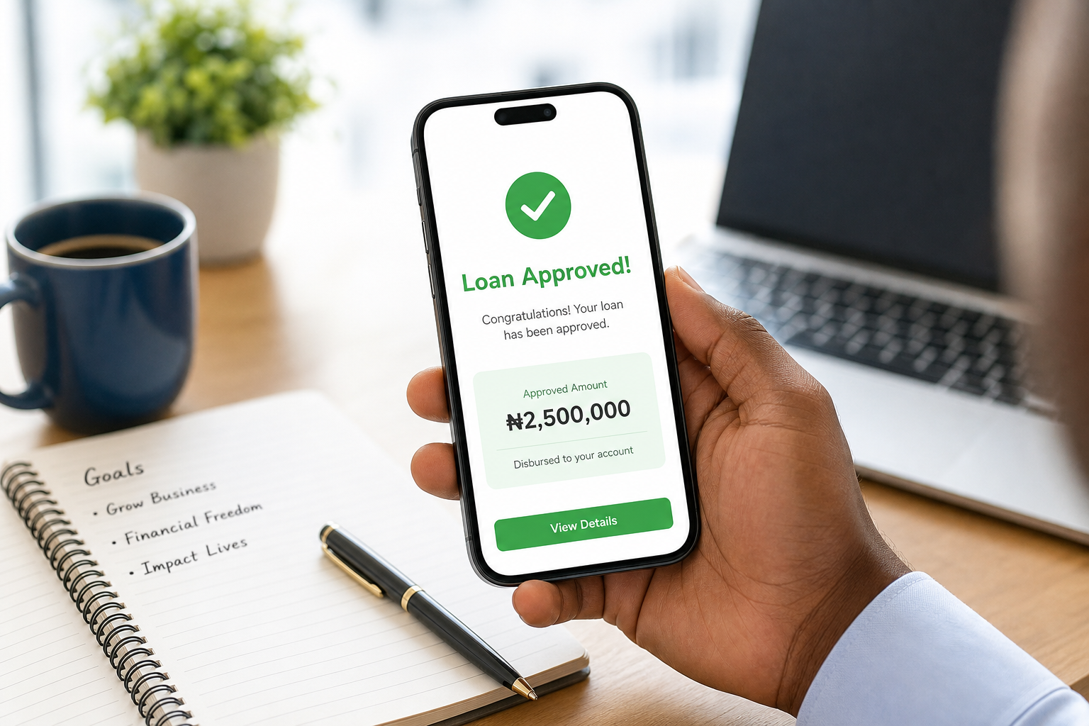 Smartphone displaying a clean professional loan approval confirmation with elegant green accents in a Nigerian office setting.