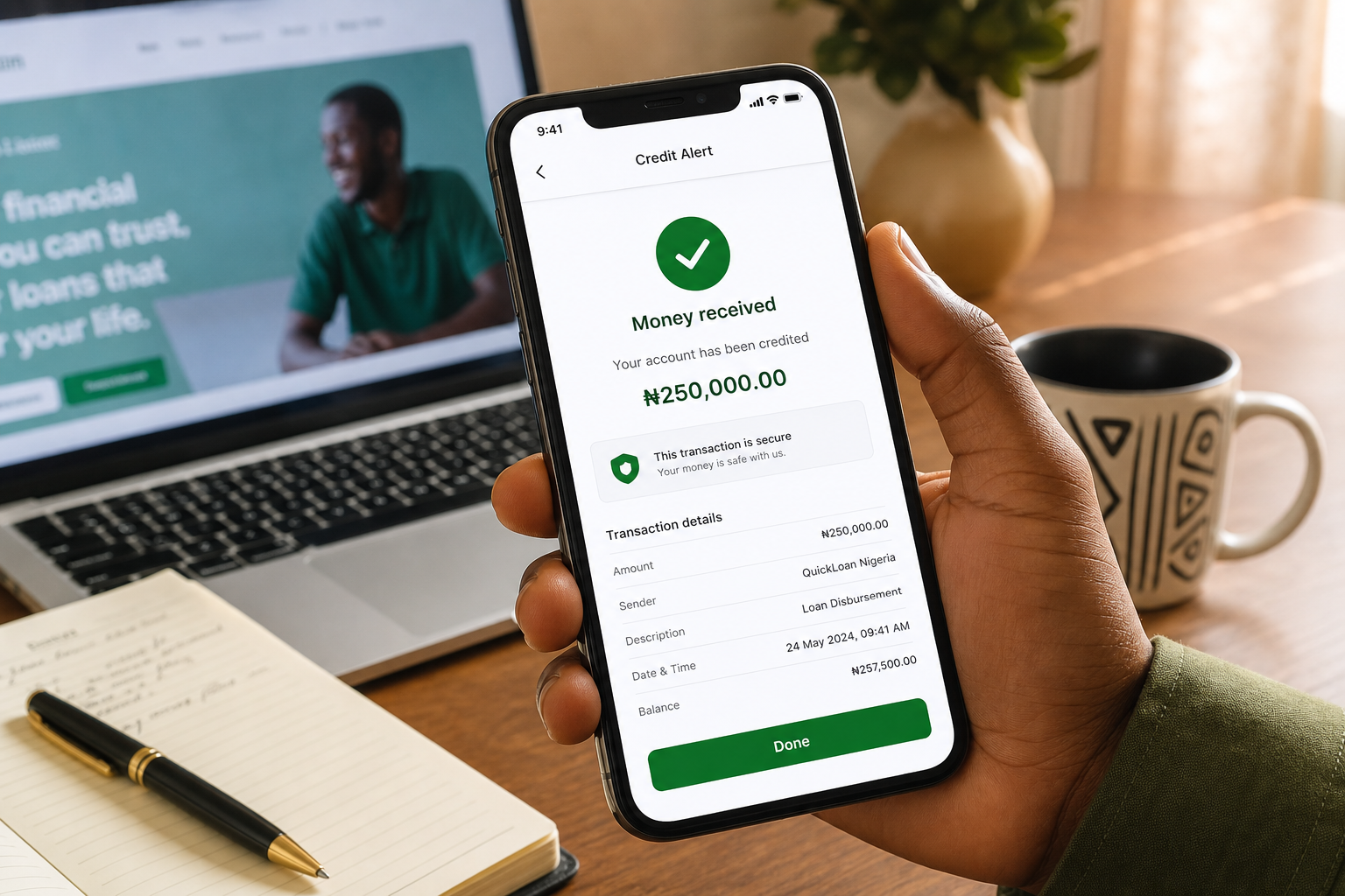 Smartphone screen showing successful bank credit alert — funds disbursed quickly and securely in a Nigerian context.