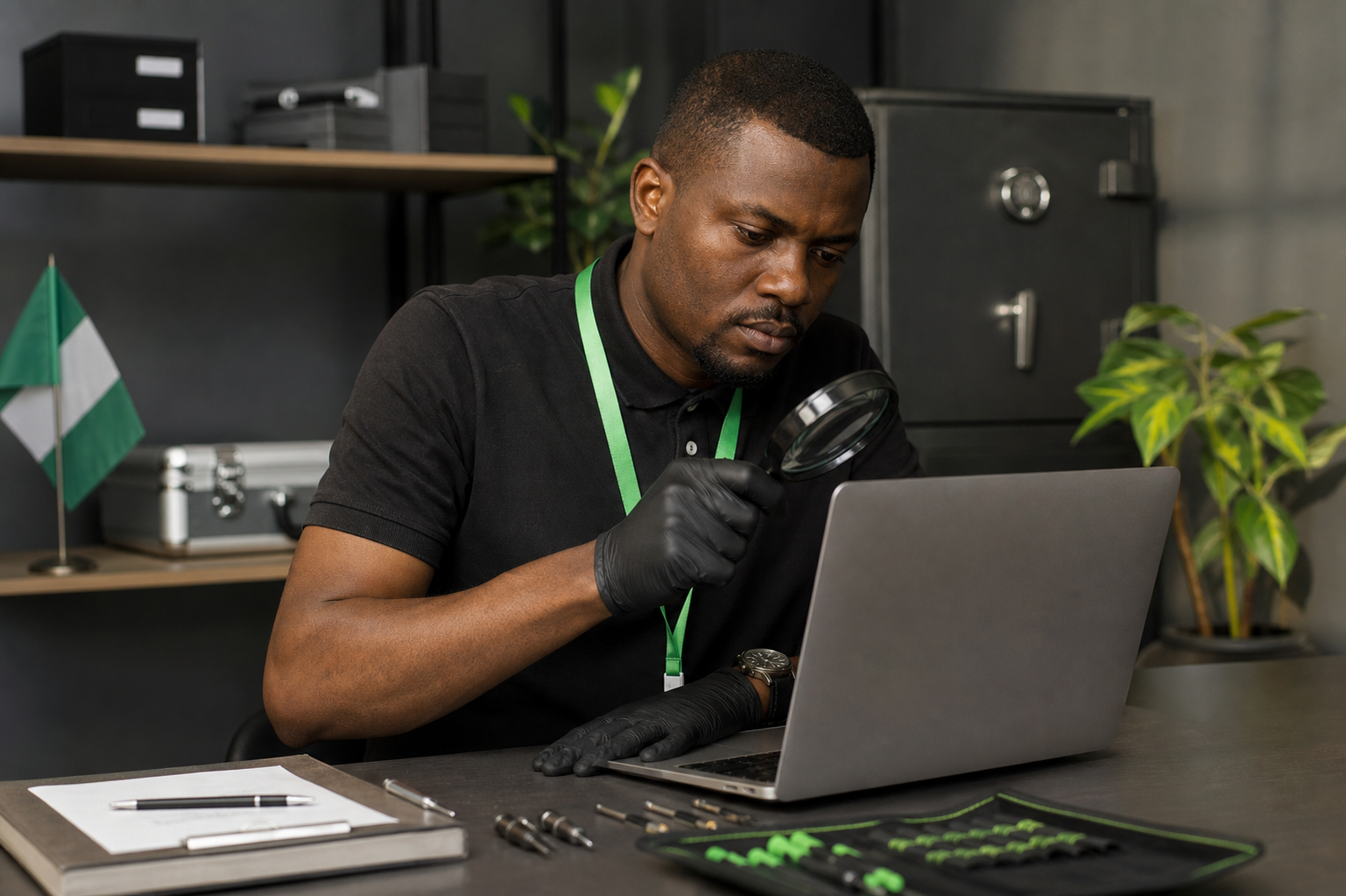 Expert inspector carefully evaluating a laptop with professional tools in a secure Nigerian facility — precise collateral valuation.