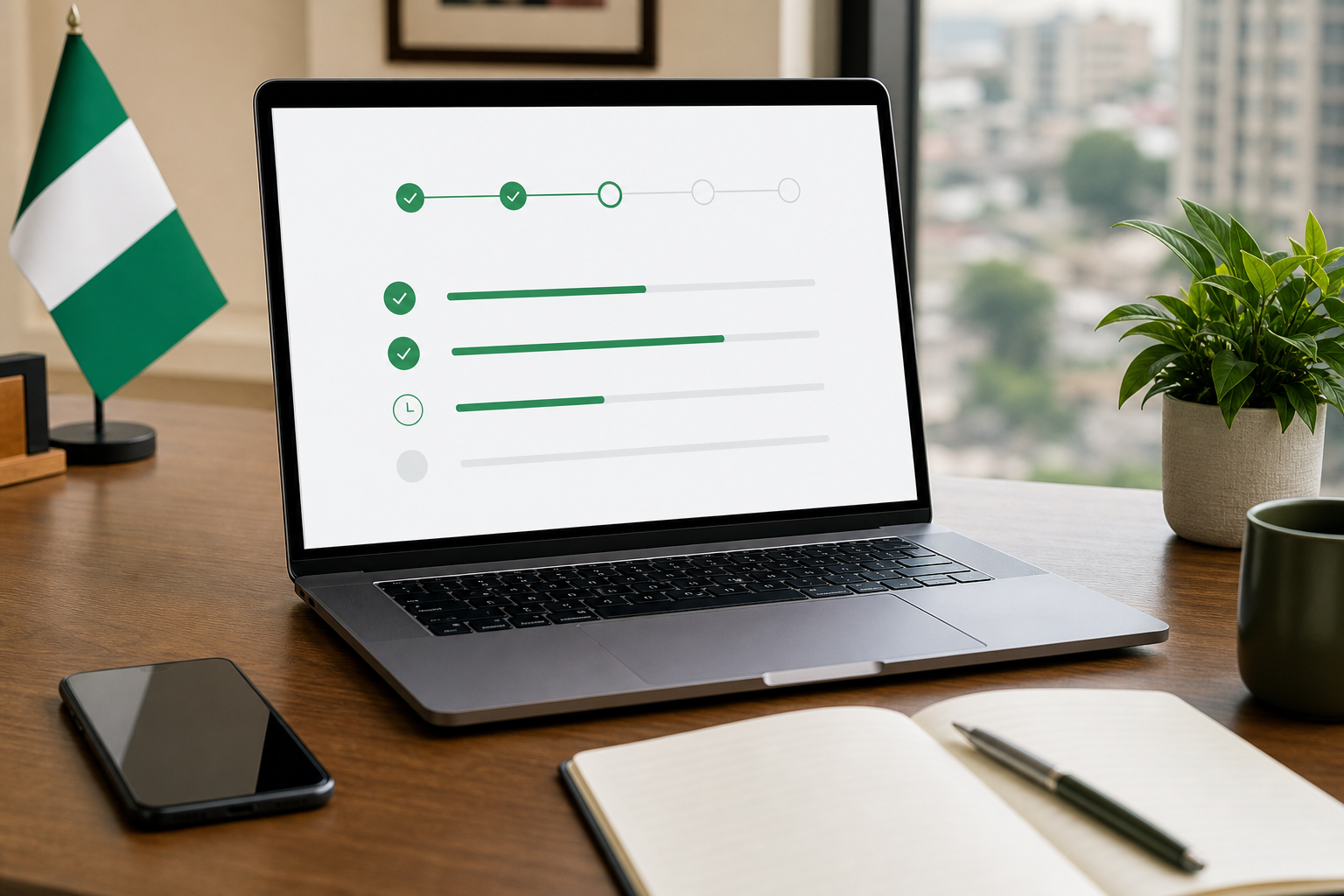 Clean professional interface showing loan application progress on a modern device in a Nigerian workspace — transparent approval journey.