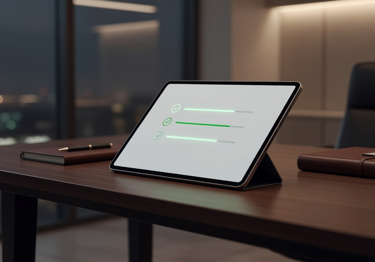 Clean professional interface showing loan application progress on a modern device — transparent approval journey.