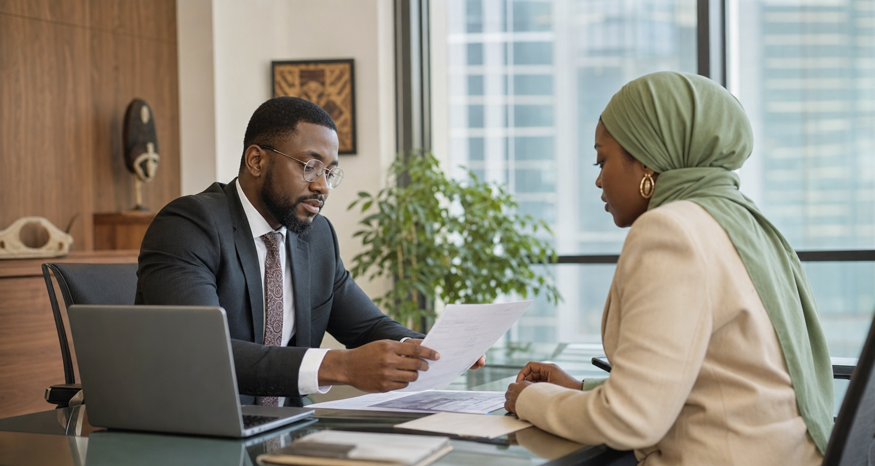 Professional loan officer explaining documents to a customer in a modern Nigerian office — the start of a trusted lending relationship.