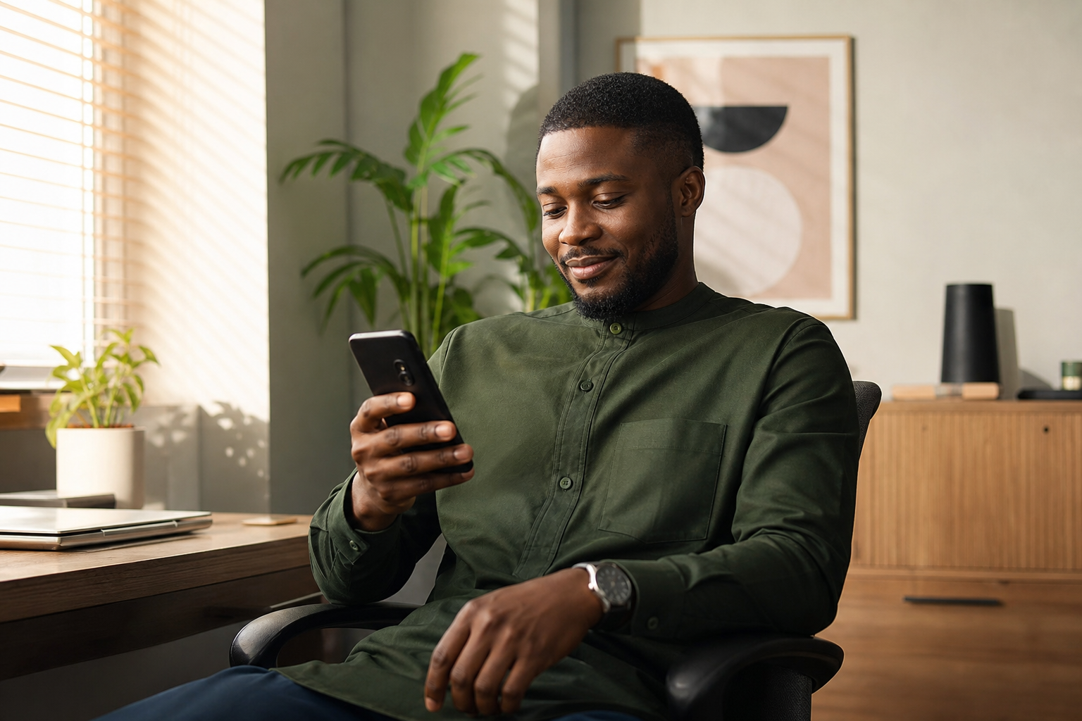 Professional Nigerian customer viewing their phone with calm relief after successful funding — a dignified success moment.