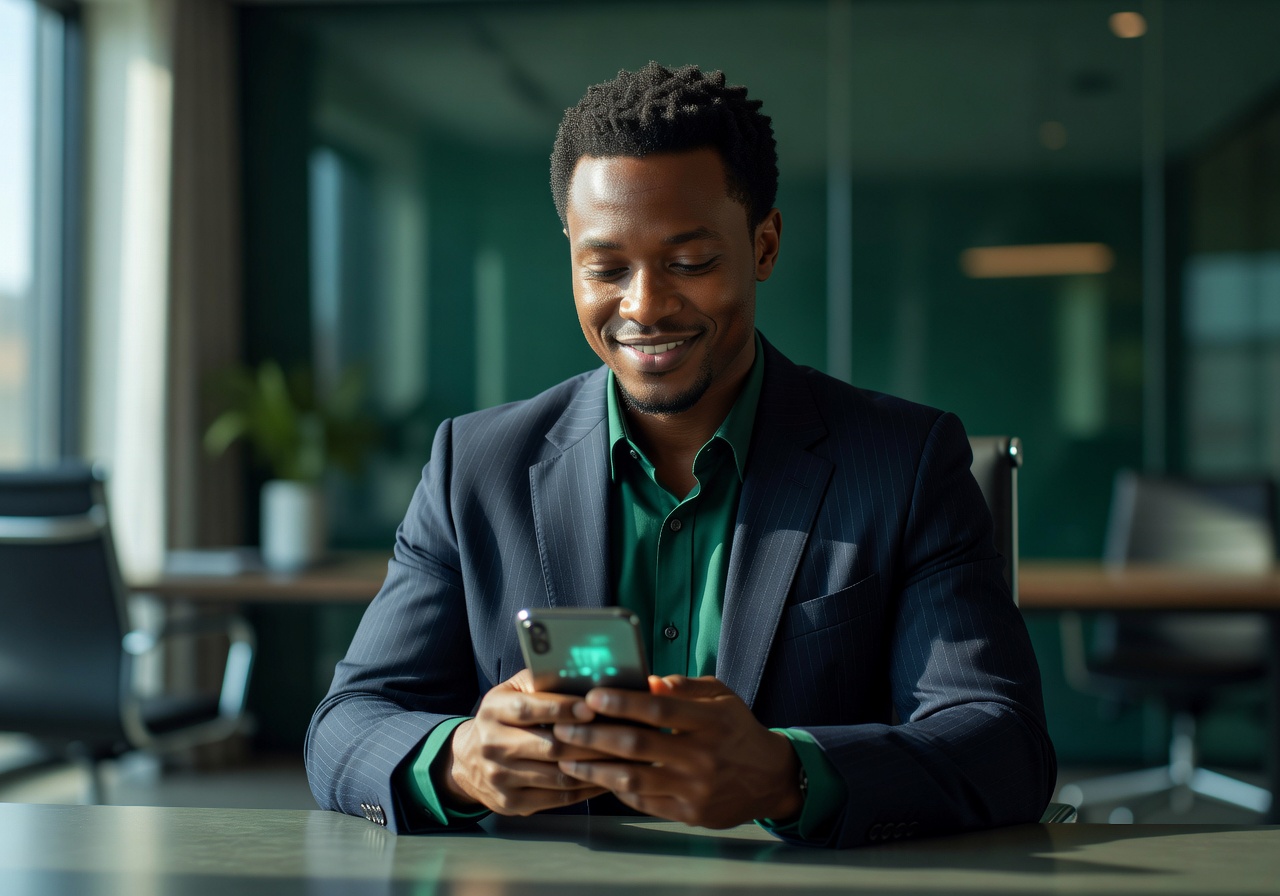 Professional Nigerian customer viewing their phone with calm relief after successful funding — dignified success moment.